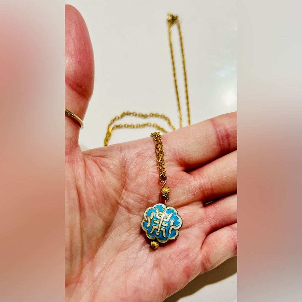 Vintage Cloisonné Enamel Necklace – Robin’s-Egg Blue & Gold Longevity Symbol - Picture 9 of 11